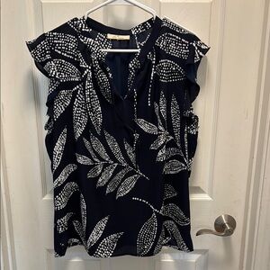 Navy and White Leaf Print Women's Top